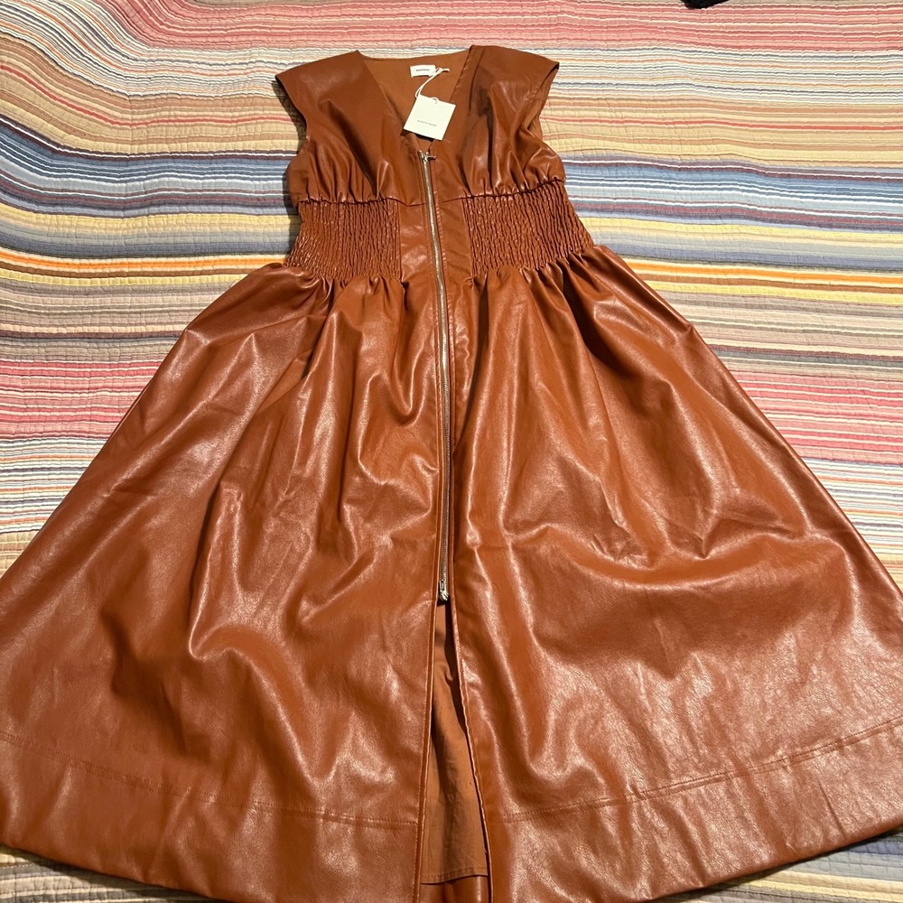 Aureum Brown Faux Leather Smocked Waist Midi Dress Zipper Front Sleeveless